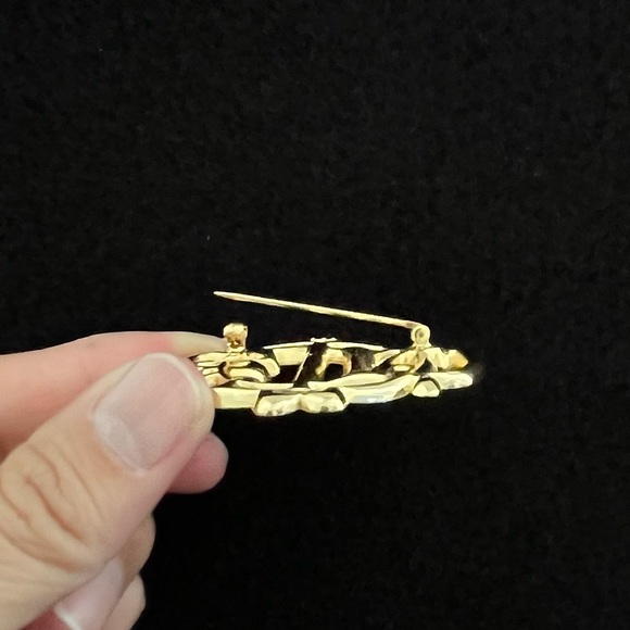 VINTAGE CHRISTIAN DIOR GOLD TONE AND RHINESTONE MONOGRAM BROOCH - Picture 6 of 7